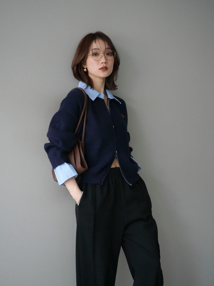[予約]ストライプシャツレイヤードZIPニットカーディガン/navy
