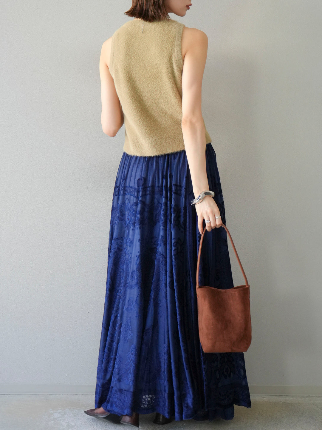 [予約]アンティーク柄フロッキーマキシスカート/ブルー