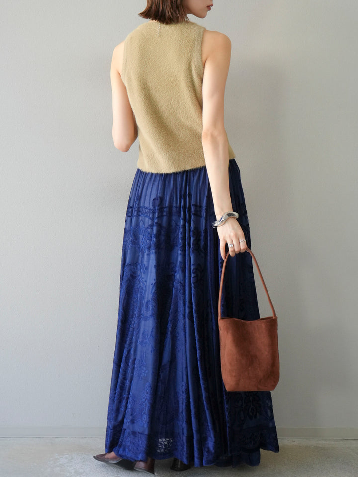 [予約]アンティーク柄フロッキーマキシスカート/ブルー