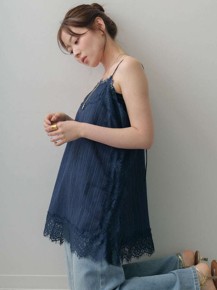 [予約]ワッシャーテクスチャーレーストリムキャミソール/navy