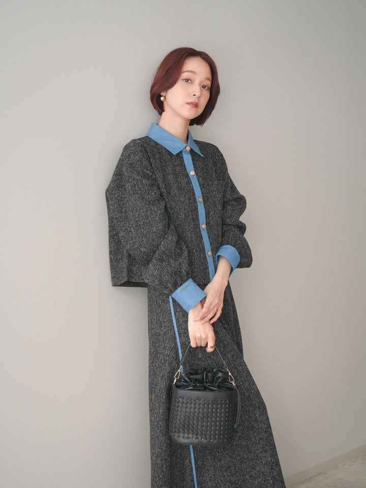 [SET]異素材サマーツイードシャツ+異素材サマーツイードタックフレアスカート(2set)
