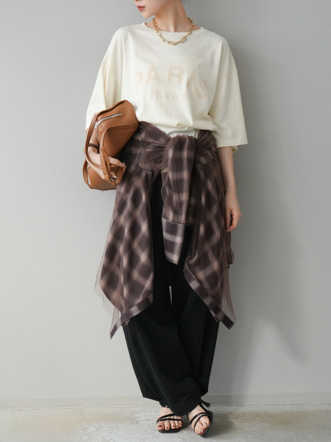 [SET]ピグメントロゴプリントTシャツ+2WAYデザインスウェットパンツ+チュールドッキングチェック柄オーバーサイズシャツ(3set)