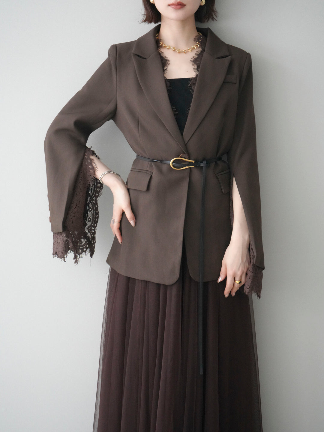 [SET]レースレイヤードスリットジャケット+チュールボリュームスカート(2set)