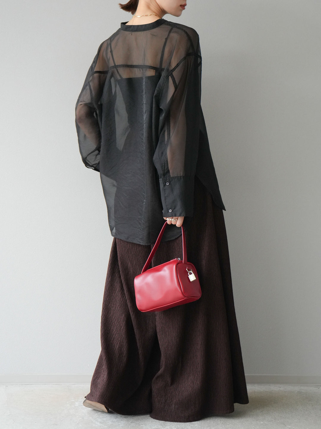 [SET] 亮面透視立領襯衫 + 柳葉寬褲 (2set)