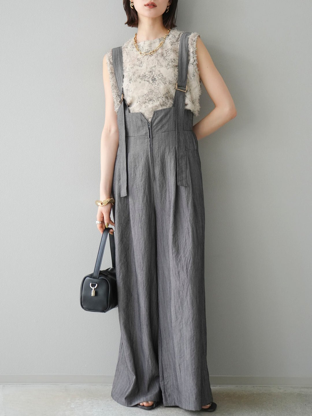 [予約]ストリングデザインハイウエストサロペット/チャコール