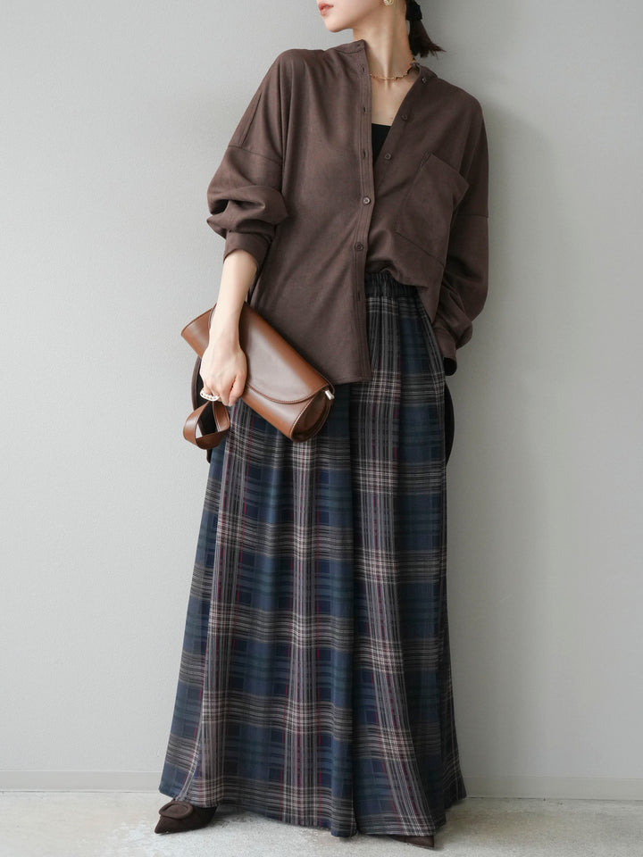 [SET]スエードバンドカラーオーバーシャツ+シアーチェックバギーパンツ(2set)