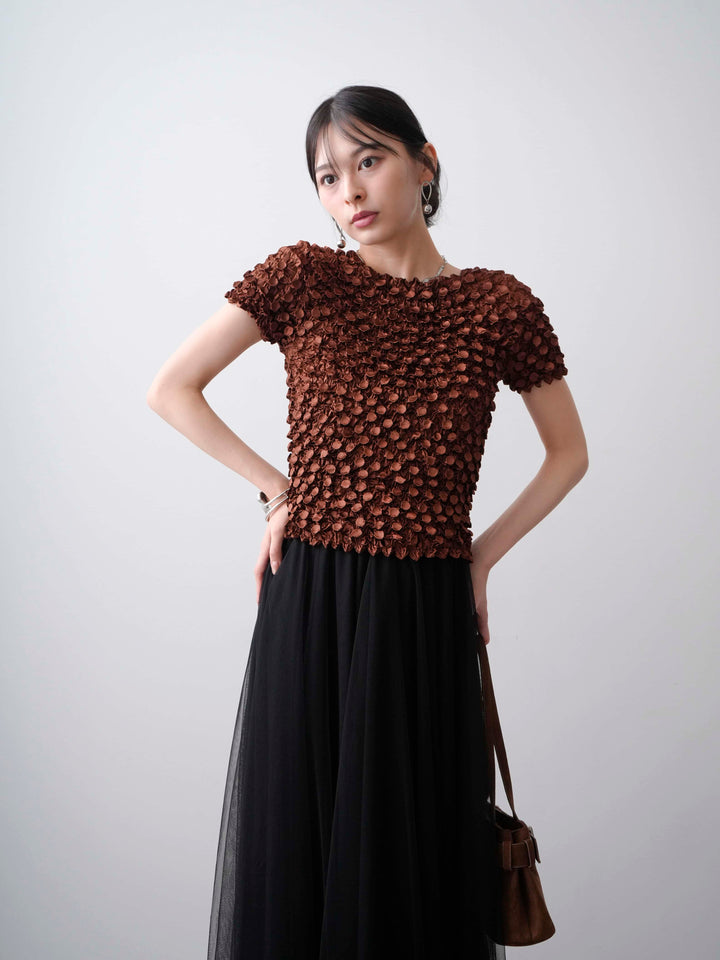 [SET]ドットスモッキングフレンチトップス+チュールボリュームスカート(2set)