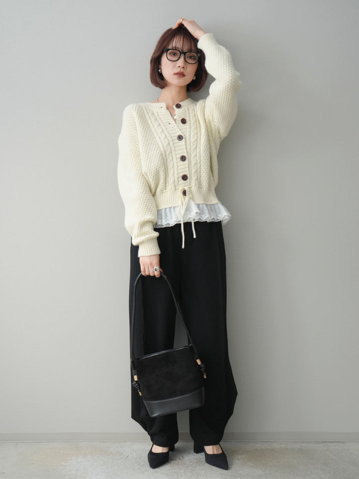 [SET]裾レースケーブルニットカーディガン+2WAYデザインスウェットパンツ(2set)