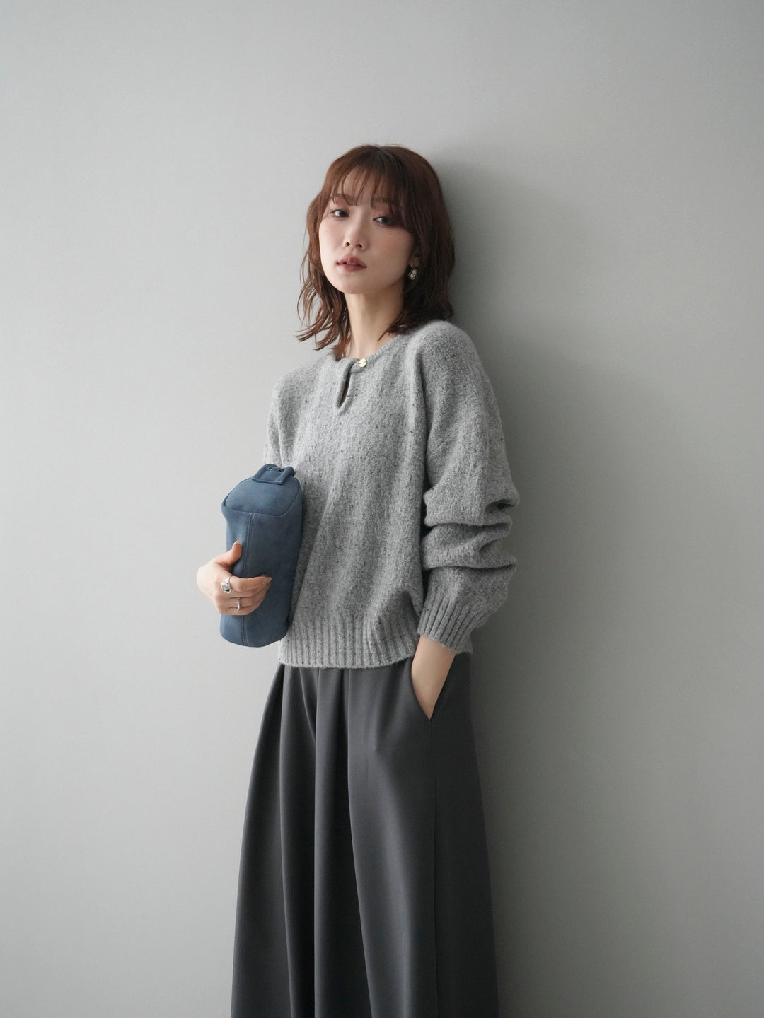 [予約]ツイストネックラメネップヤーンニットプルオーバー/gray