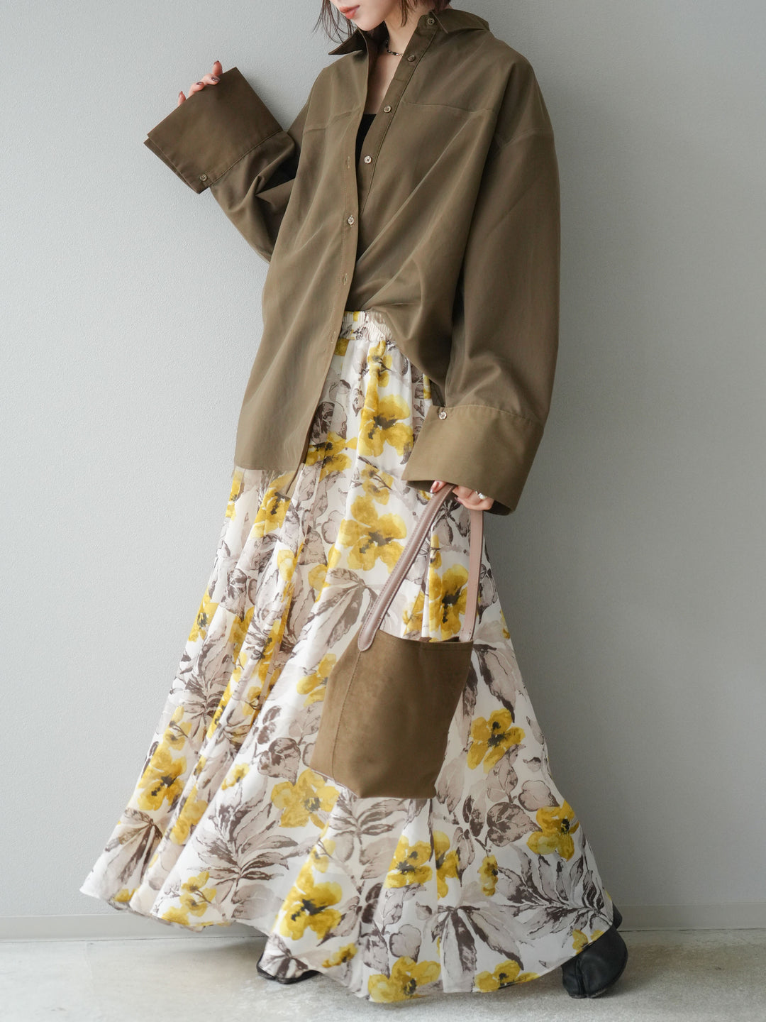 [予約]フラワープリントボリュームフレアスカート/イエロー