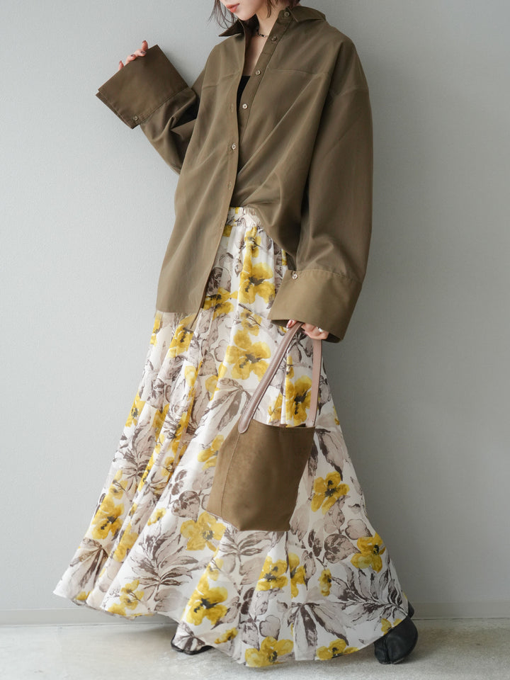 [予約]フラワープリントボリュームフレアスカート/イエロー