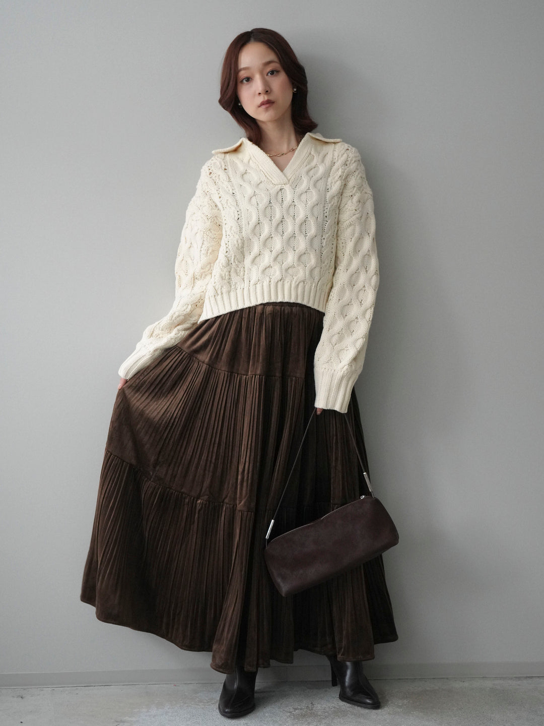 [SET]バルキーケーブルクロップド開襟プルオーバー+ベロアティアードワッシャースカート(2set)