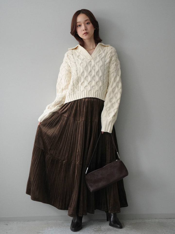 [SET]バルキーケーブルクロップド開襟プルオーバー+ベロアティアードワッシャースカート(2set)