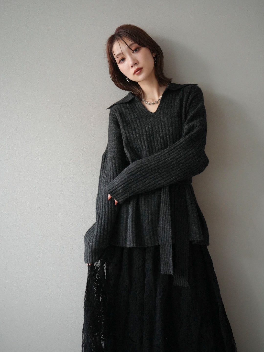 [予約]ワイドリブポロニットプルオーバー/darkgray