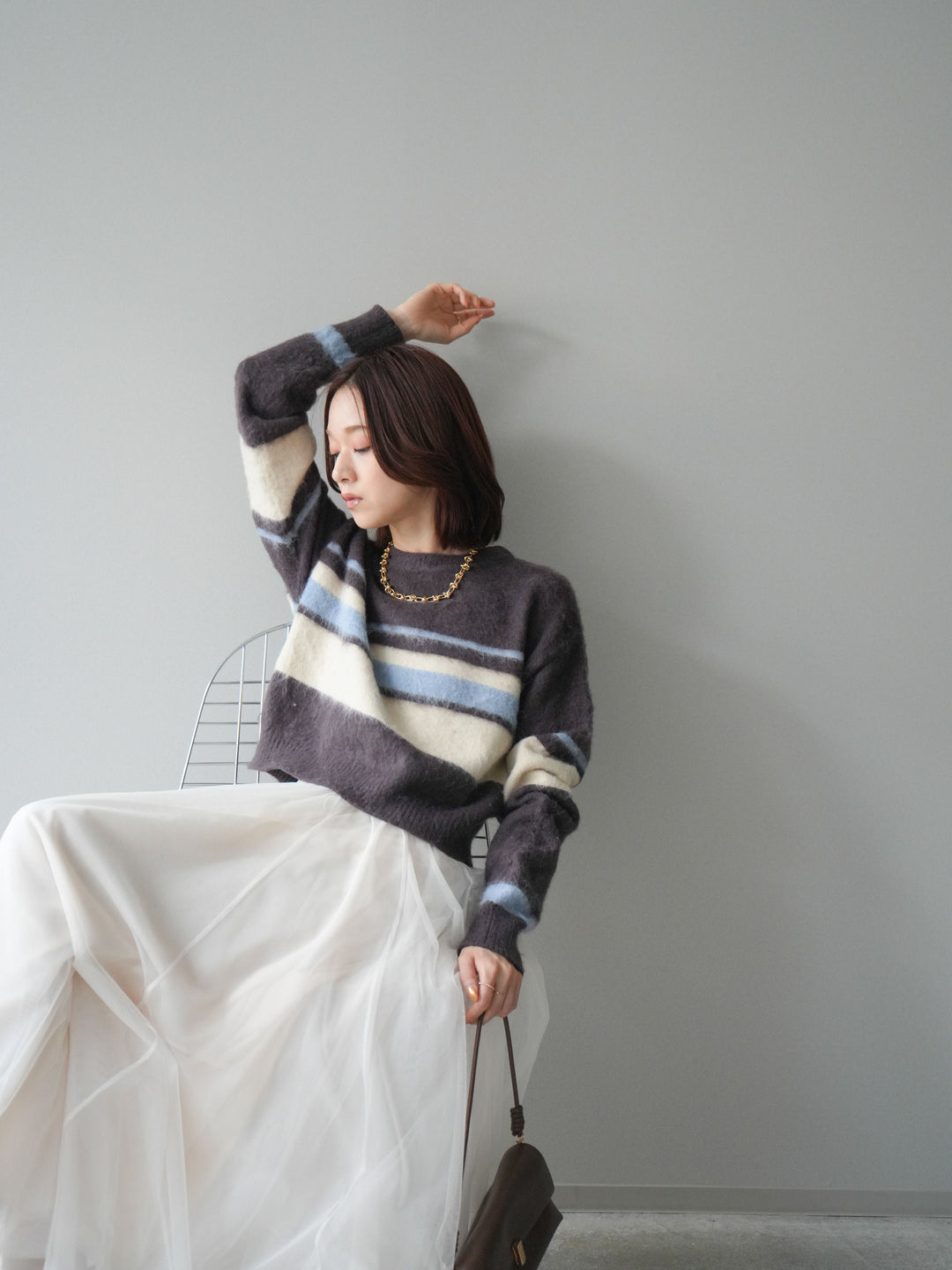 [SET]ソフトタッチボーダークロップドニットプルオーバー+チュールボリュームスカート(2set)