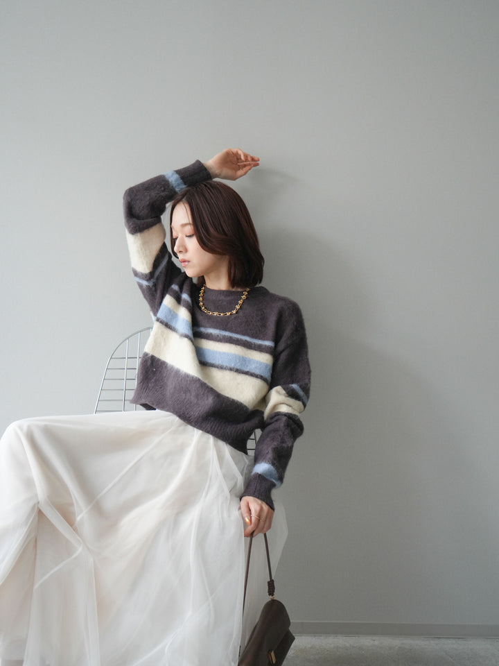 [SET]ソフトタッチボーダークロップドニットプルオーバー+チュールボリュームスカート(2set)