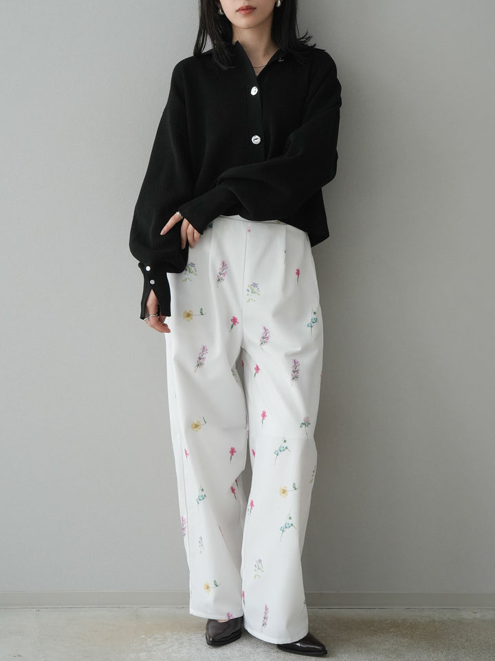 [SET]ボリュームスリーブポロニットカーディガン+フラワーアートプリントタックパンツ(2set)