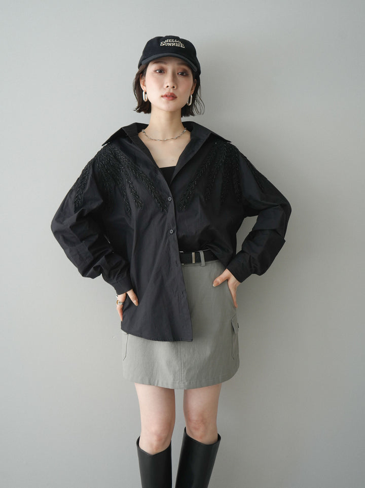 【套裝】串珠刺繡襯衫+繫帶工裝迷你裙（兩件組）