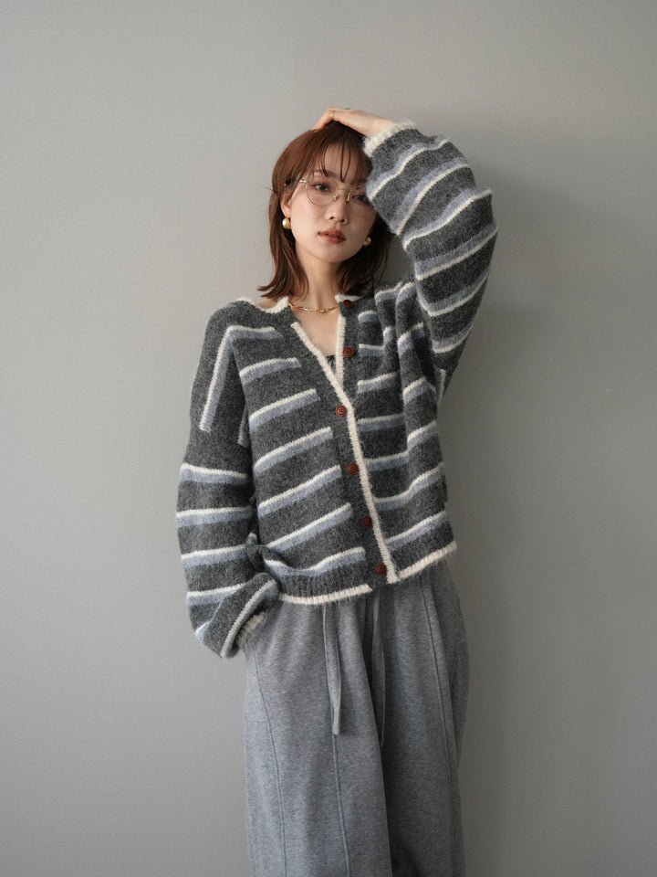 [予約]ウールタッチ配色ボーダーニットカーディガン/gray