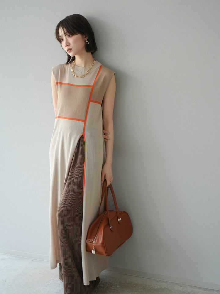 [予約]配色スリットニットワンピース/ベージュ