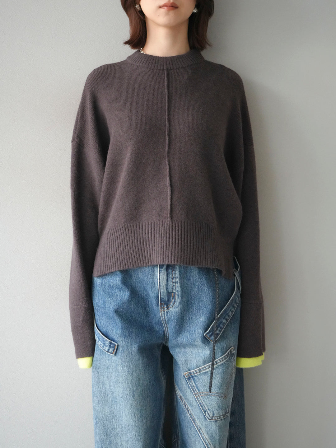 [予約]袖レイヤード配色ニットプルオーバー/brown