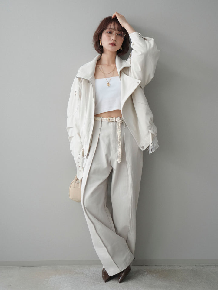 [SET]コーデュロイライダース裾レースブルゾン+カップ付テレコリブベアキャミソール+コットンツイルカーブパンツ(3set)