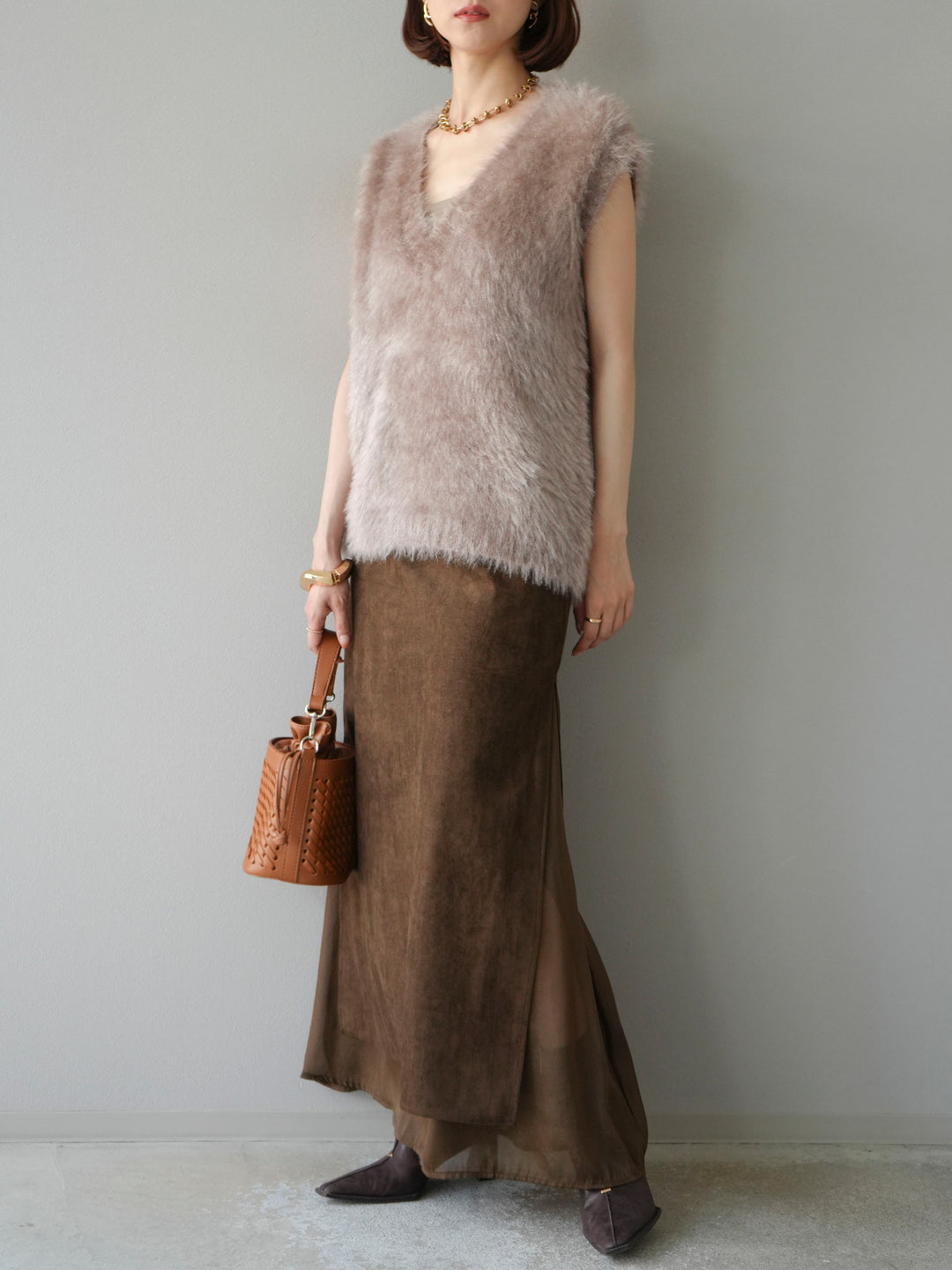 [予約]サイドスリットスウェードドッキングシフォンスカート/ブラウン