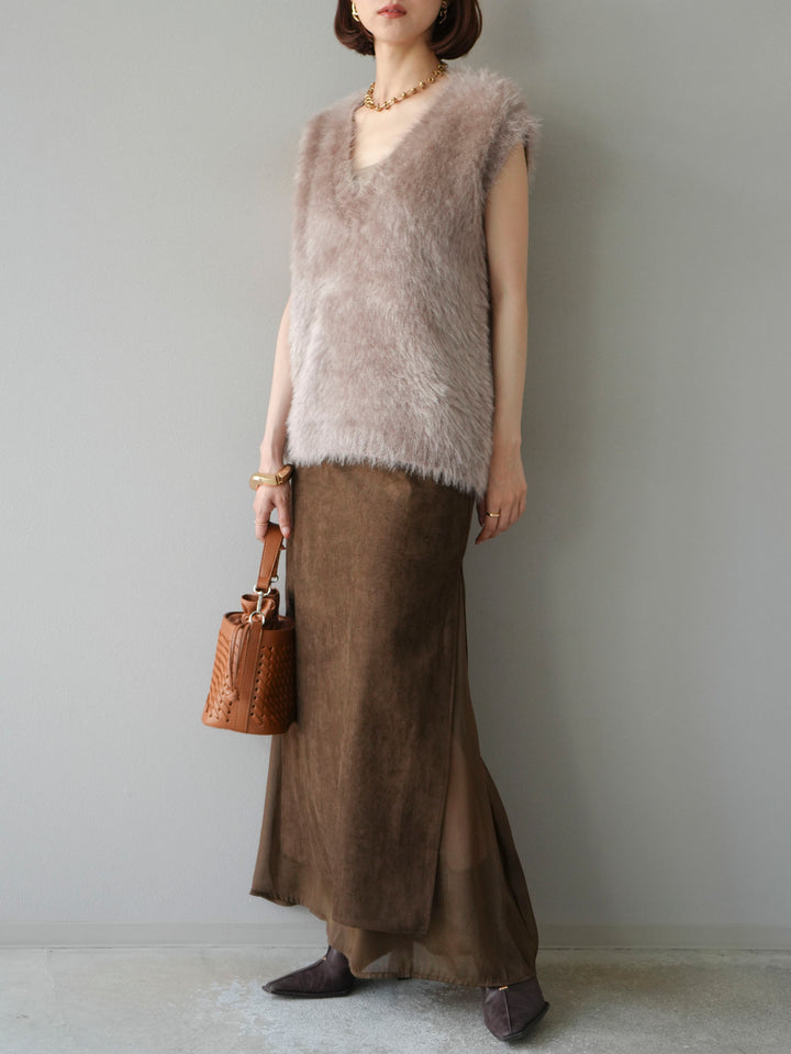 [予約]サイドスリットスウェードドッキングシフォンスカート/ブラウン