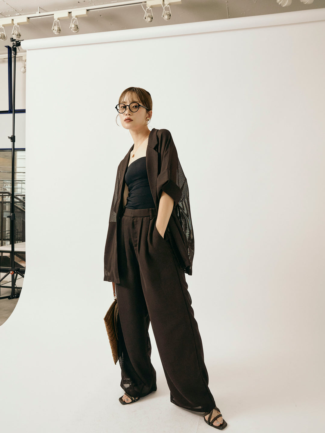 [予約]メッシュタックワイドパンツ/ブラウン