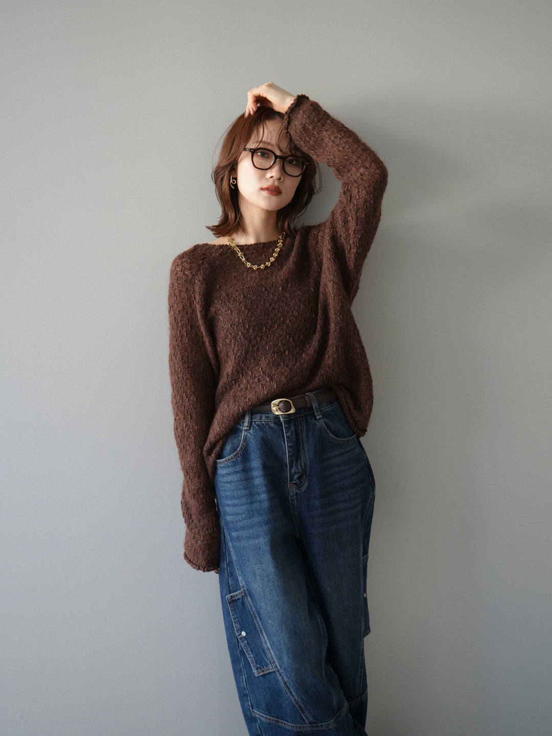 [予約]透かし編みモヘアタッチポコポコニットプルオーバー/brown