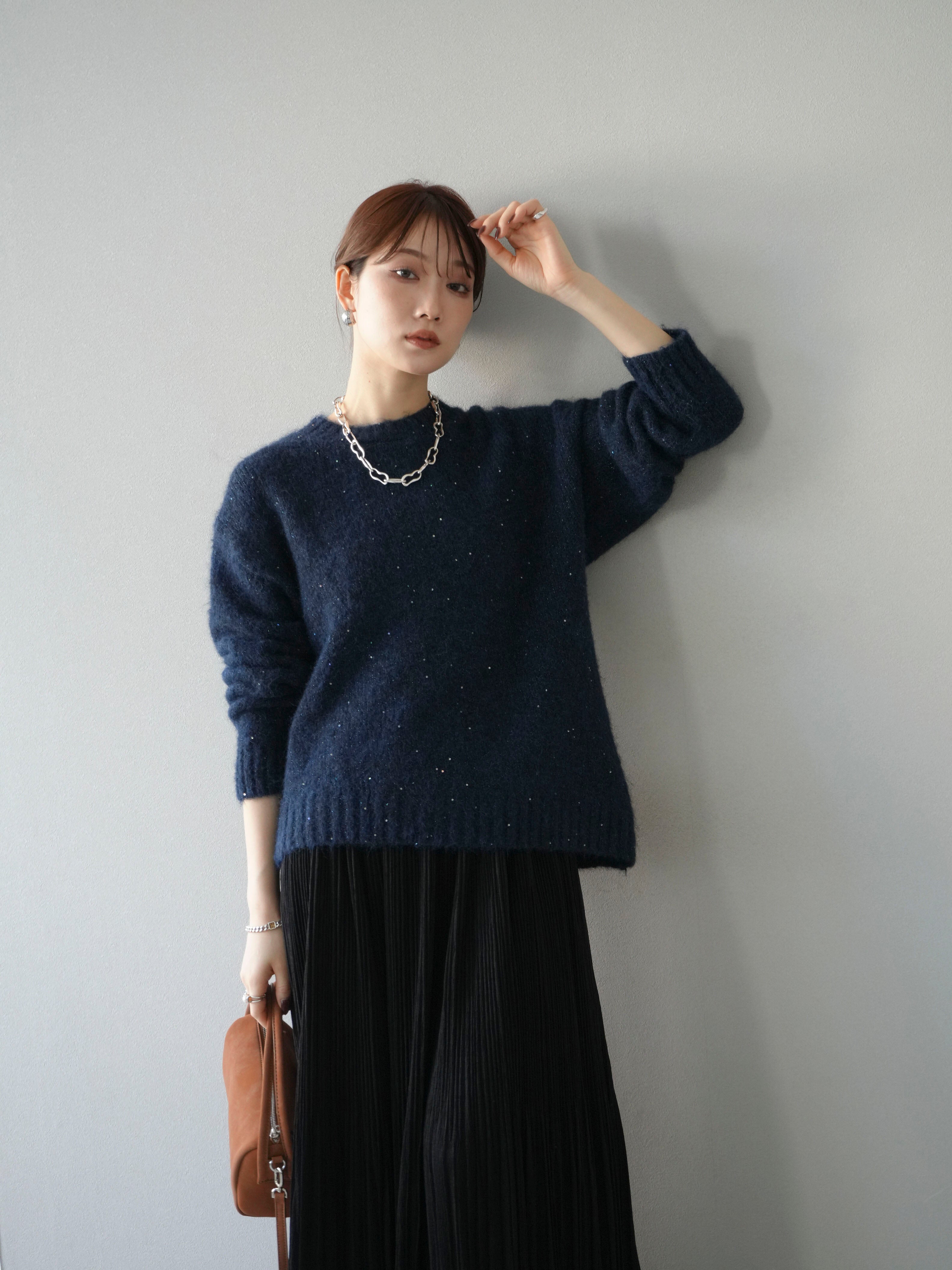 【美品】ドゥロワー　カシミヤウールニット　セーター　スパンコール　ビジュー　紺1 Drawer / ドゥロワー | 18G カシミヤシルクリブクルーネックニット | F