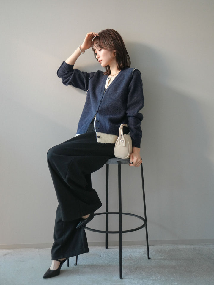 [予約]配色レイヤードニットカーディガン/navy