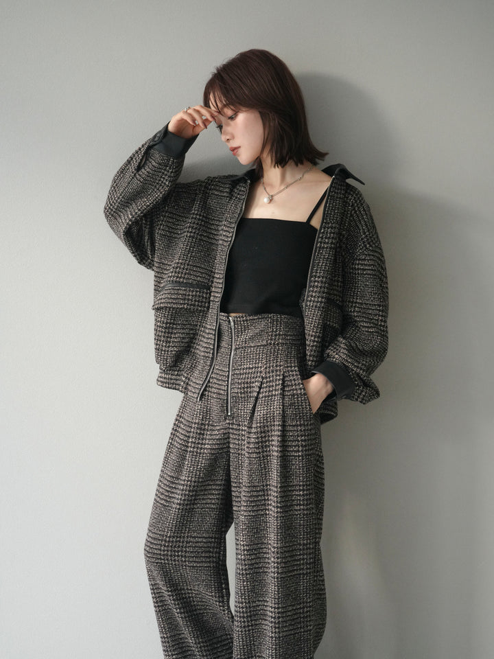 [予約]レザー襟ミックスツイードジャケット/brown