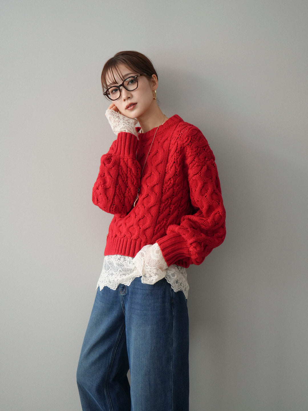 [SET]バルキーケーブルクロップドニットプルオーバー+裏起毛裾フリンジワイドデニムパンツ(2set)