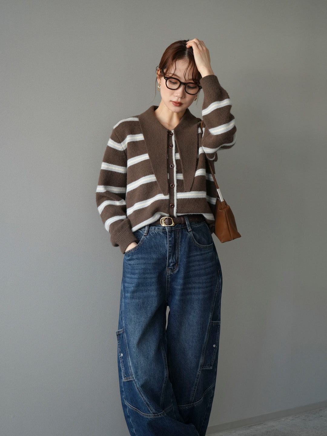 [予約]ボウタイボーダーニットカーディガン/brown
