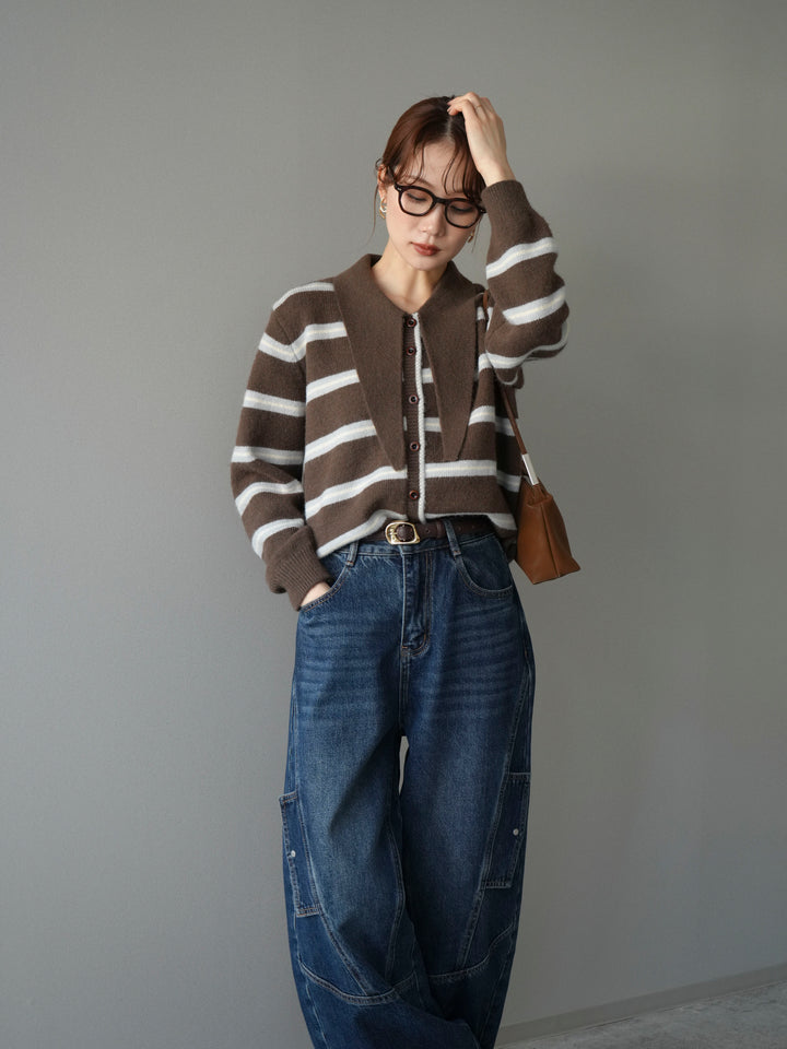 [予約]ボウタイボーダーニットカーディガン/brown