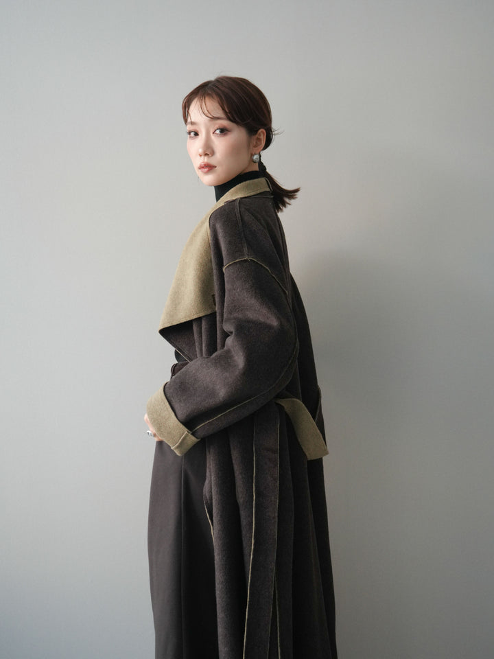 [予約]ダブルフェイスバイカラーロングコート/khaki