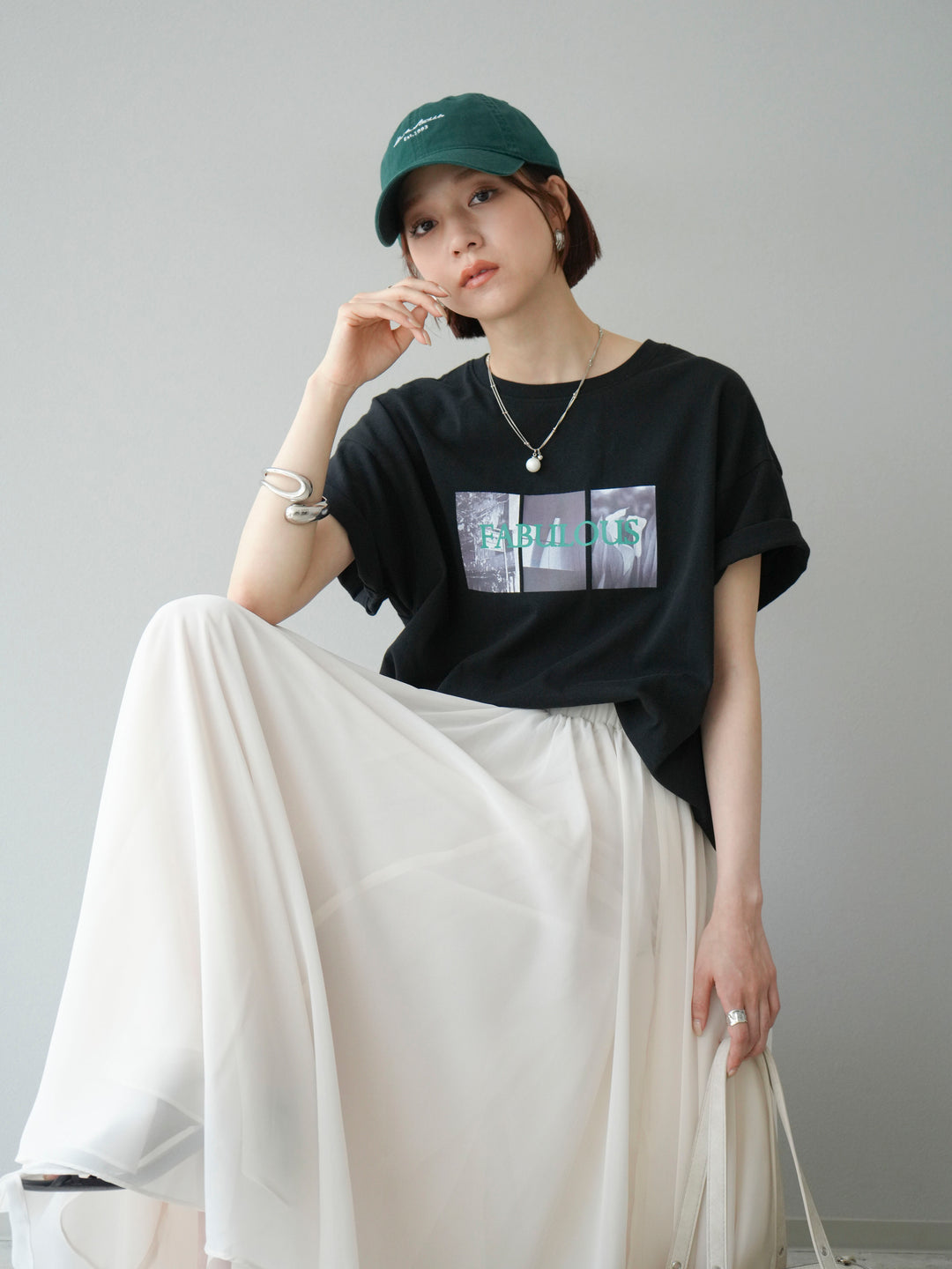 [SET]ネオンロゴコラージュフォトプリントオーバーTシャツ+シフォンフレアスカート(2set)