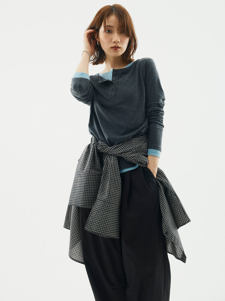 【Allure】[SET]配色レイヤードヘンリーネックトップス+タフタワイドカーブパンツ+チェックBIGカフスオーバーシャツ(3set)