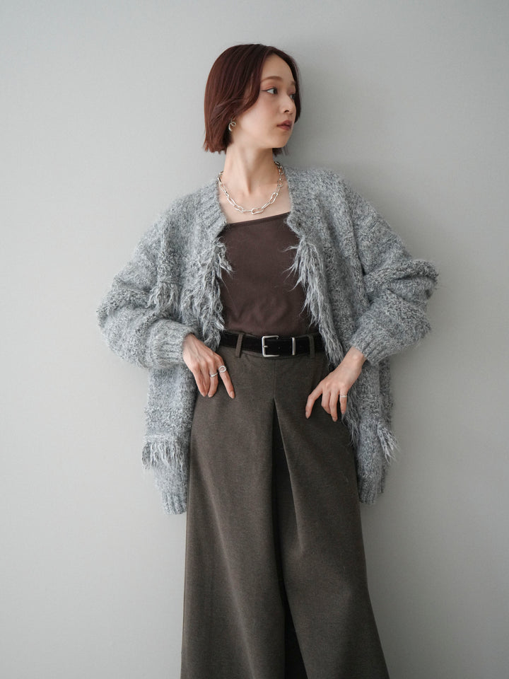 [SET]ミックスヤーンフリンジデザインニットジャケット+ストーンフォークリング(2set)