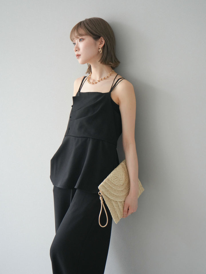 [預購] 亞麻觸感多層吊帶連身衣/黑色
