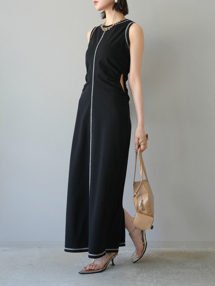 [予約]ウエストオープンステッチカットワンピース/ブラック