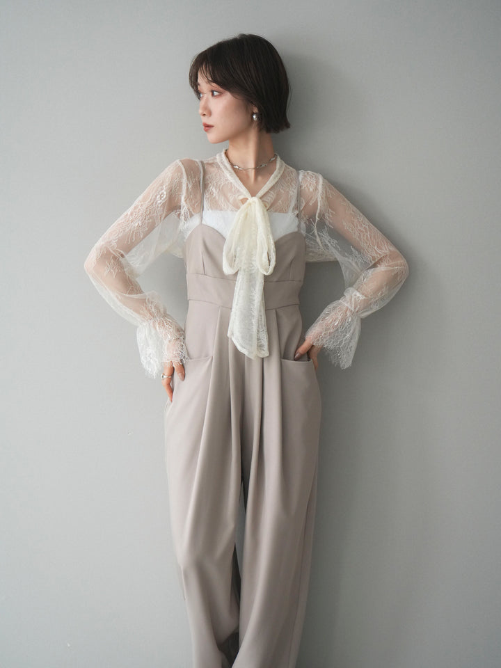 [SET]バックデザインサロペット+リバーレースボウタイトップス(2set)