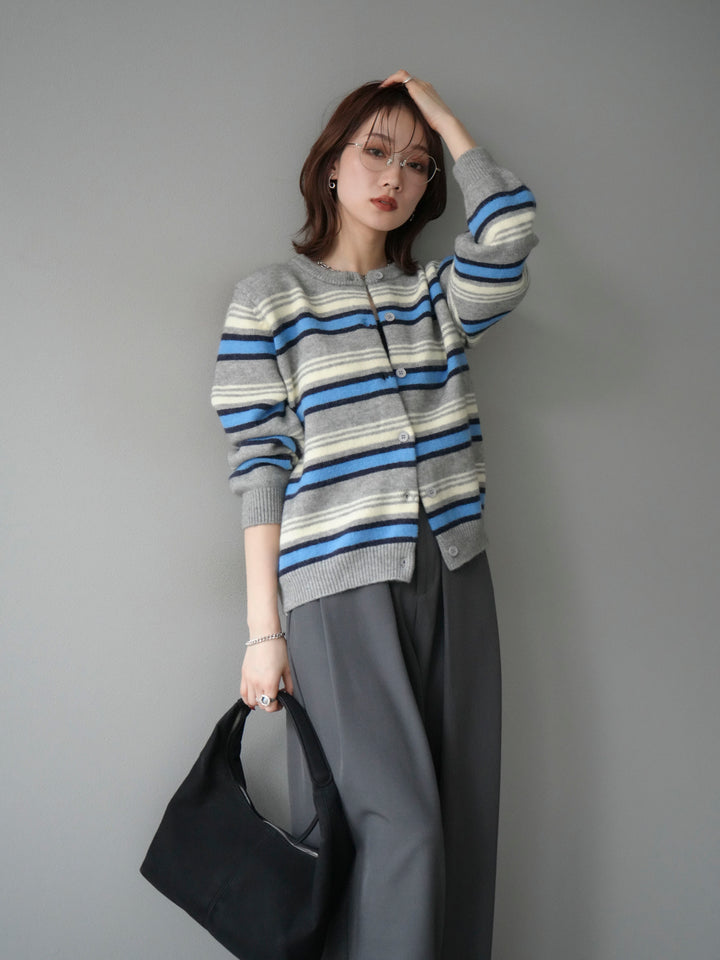 [SET]マルチボーダーニットカーディガン+ベルトループデザインワイドパンツ(2set)