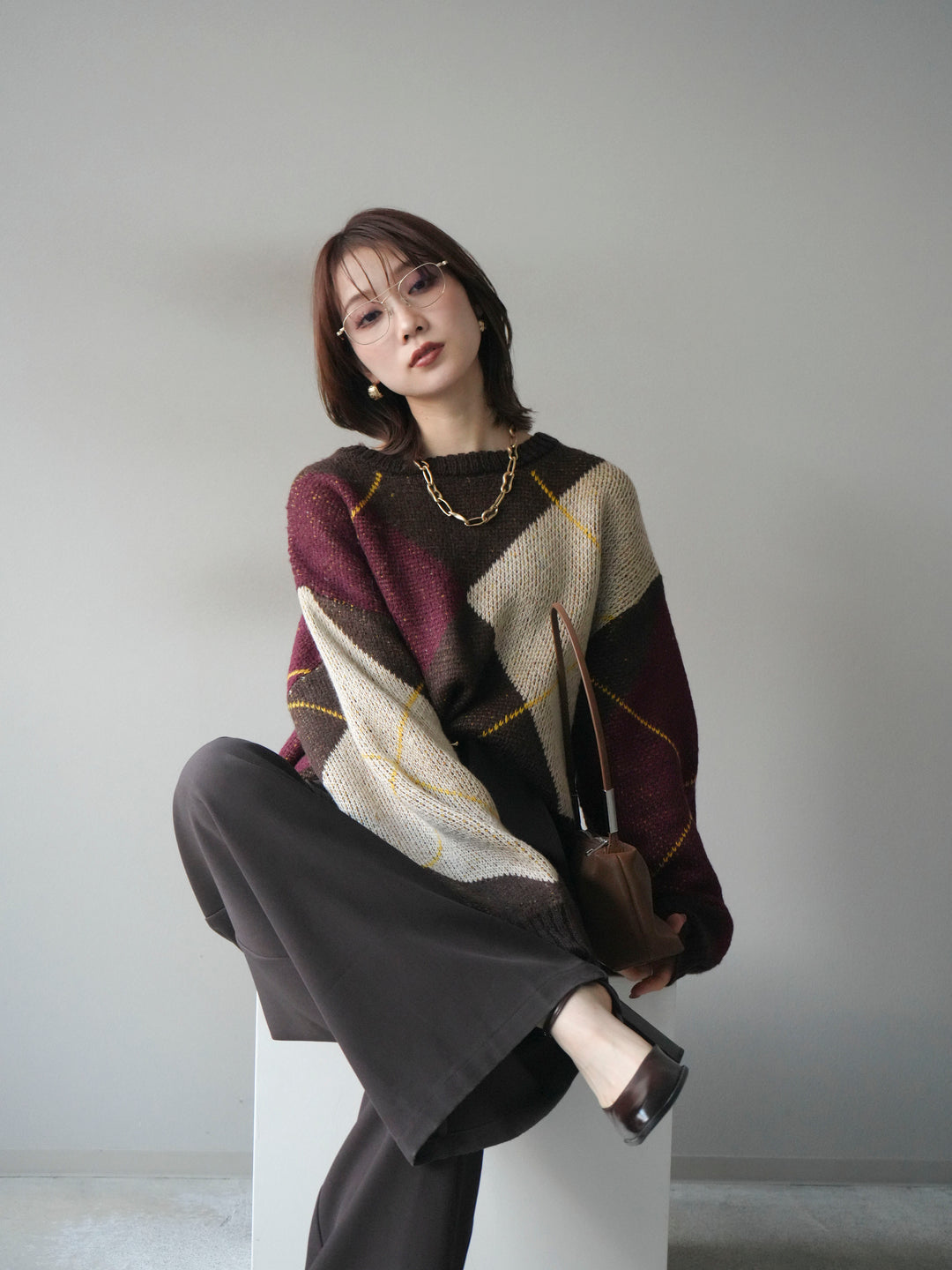 [SET]配色ステッチアーガイル柄ニットプルオーバー+選べるアクセセット(2set)