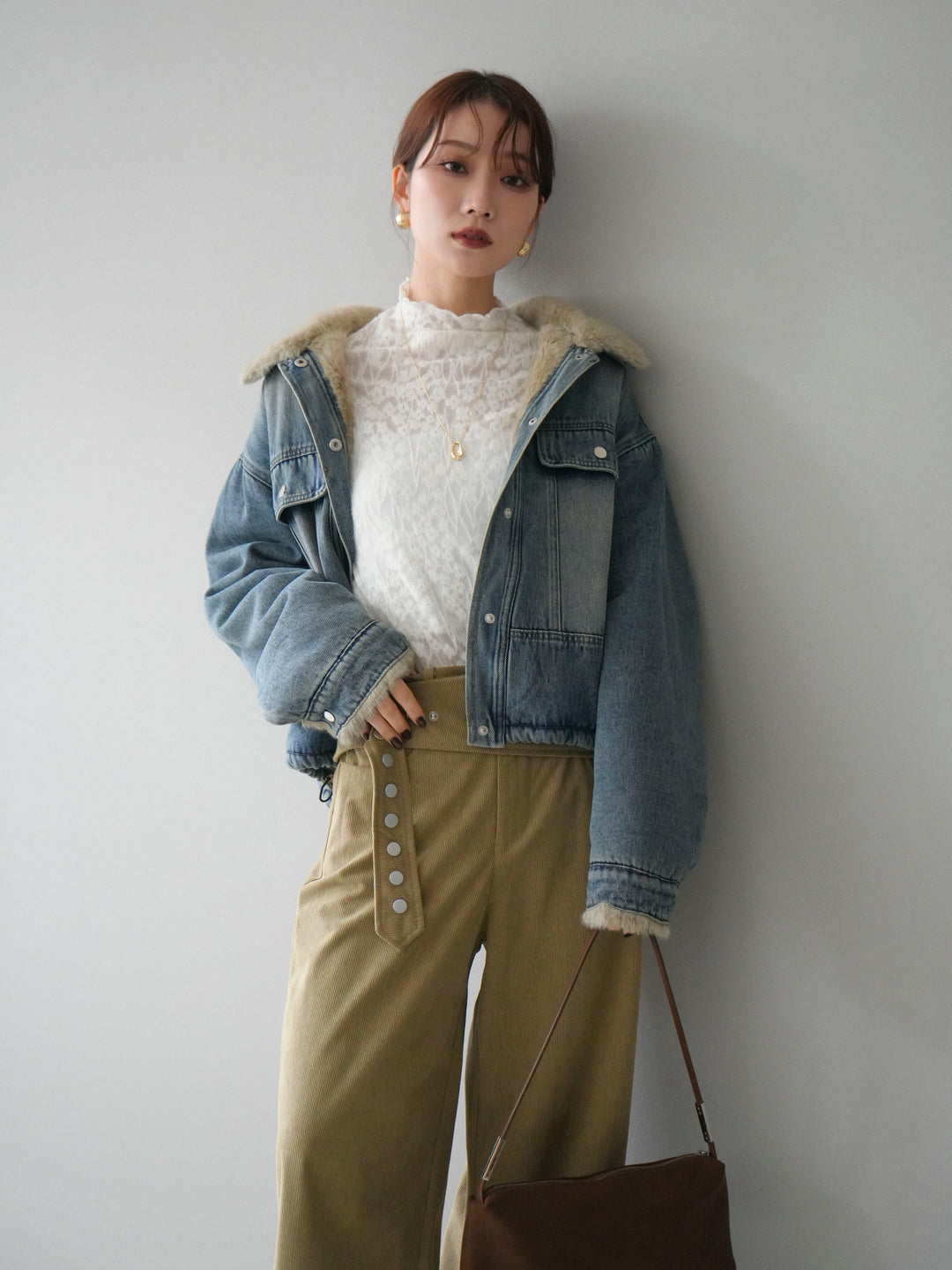 [予約]デニム×ファーステンカラーショートジャケット/lightblue