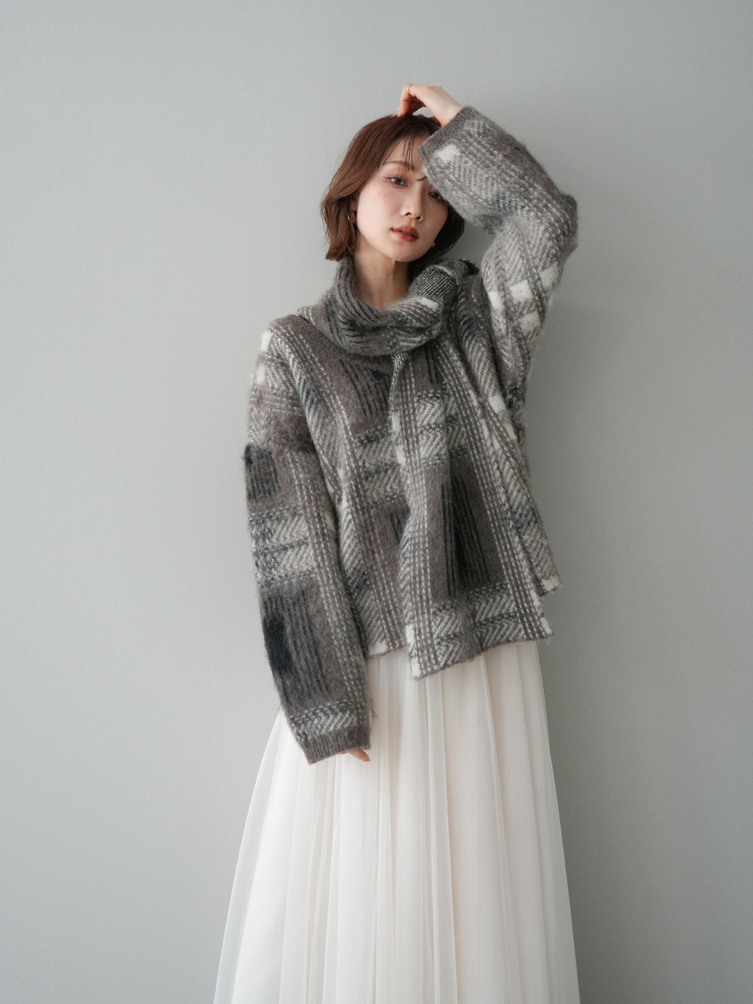 [SET]ストール付シャギーチェックニットプルオーバー+選べるアクセセット(2set)