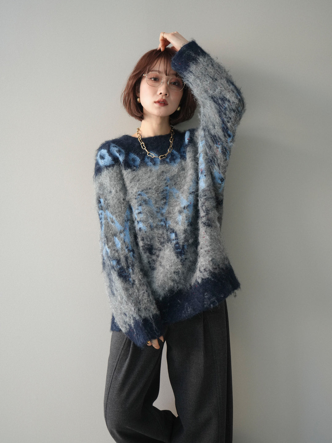 [予約]シャギーニュアンス柄ニットプルオーバー/gray