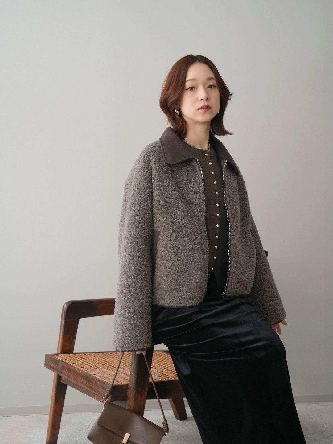 [予約]スエード襟ボアショートジャケット/brown