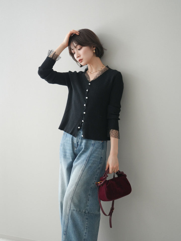 [SET]チュールドッキングパールボタンニットカーディガン+選べるアクセセット(2set)